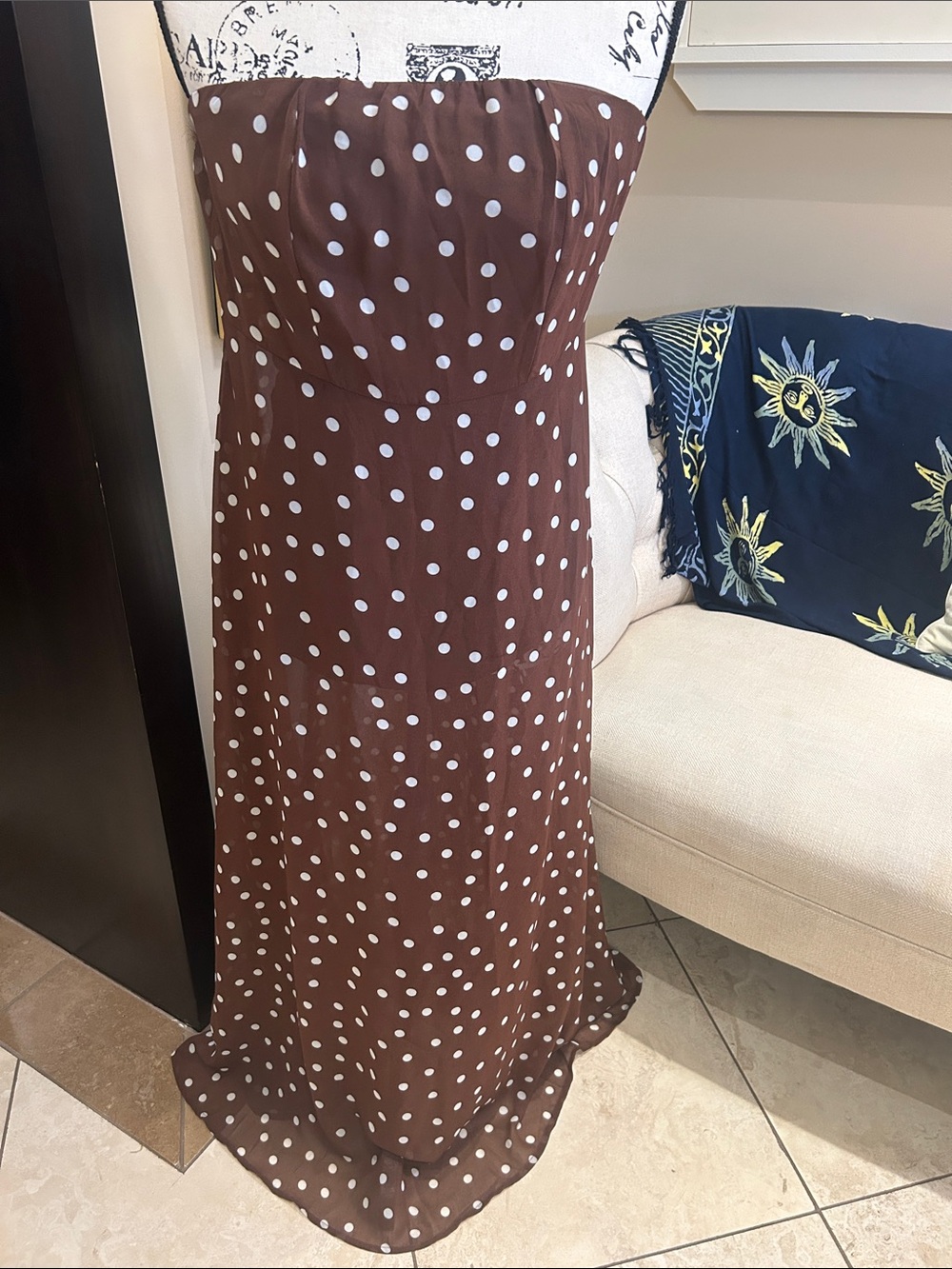 SHEIN Brown & White Strapless Polka Dot Maxi Dress